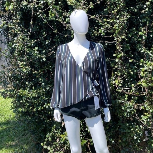 Express Bohemian Wrap Style Stripe Plunge V-Neck Blouse - Picture 2 of 11